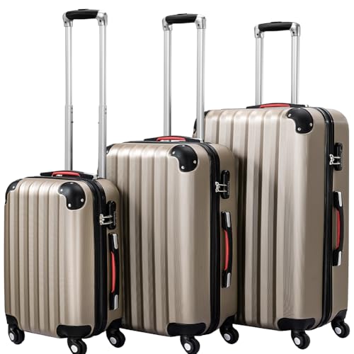 PROVITERA Set 3 Valigie Rigide in ABS, Valigie Rigide M-L-XL Manico Telescopico e 4 Ruote Easy Roll, Lucchetto serratura a codice, Trolley Resistenti da Viaggio, con Bagaglio a Mano (Champagne)