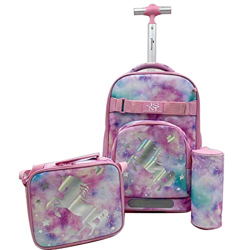 Trolley per Bambini Zaino per ragazze Adolescenti Zaino da ruota scuola primaria Impermeabile 3 IN 1 con portamatite, borsa per il pranzo, Strisce Riflettenti di Sicurezza e Sei Ruote, rosa, 18''