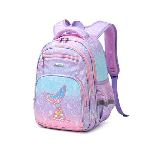 Treer Zaino Scuola Elementare, Zaino Elementare Scuola Bambina Bambino, Motivo Calcio 3D Zaino Scuola Media Multicolore Doppio Scomparto, Zaino Scuola e Tempo libero (16”,Coda Di Pesce)