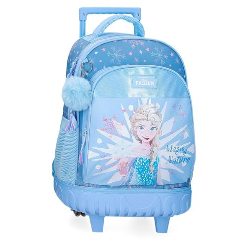 Joumma Bags Disney Frozen Magic Ice Zaino per bambini, blu, realizzato in poliestere, spallacci regolabili per un comodo trasporto, vari scomparti, con portachiavi pompon blu, blu, Zaino ruote