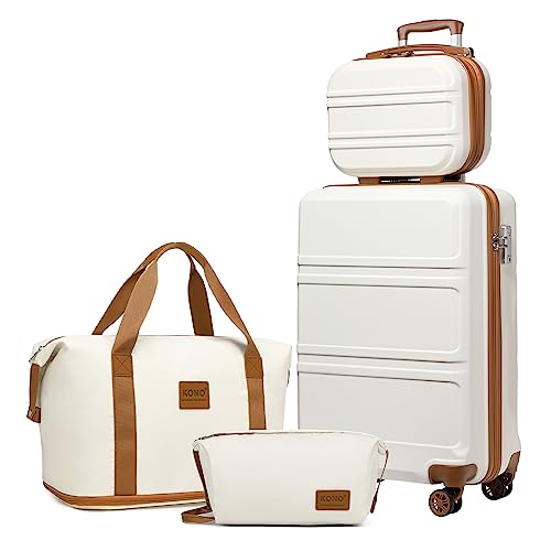 KONO Set di Valigie Trolley Rigido Bagaglio a Mano 55cm con 4 Ruote e Borsa da Toilette + Borsone da Viaggio Espandibile Palestra e Borsa da toilette, Bianco Crema