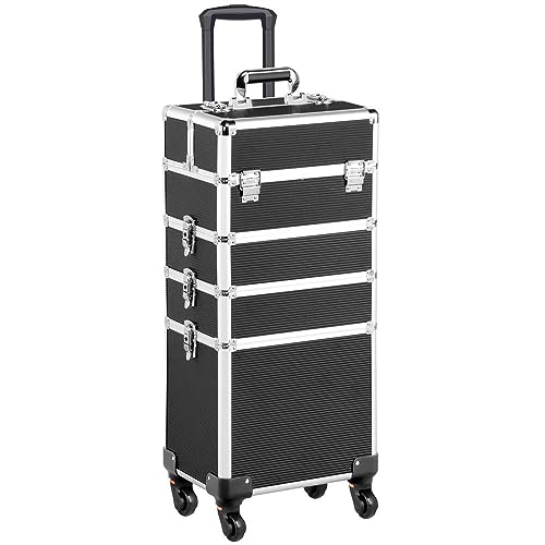 Yaheetech Valigia Porta Trucchi Trolley Estetista 4 in 1 Valigetta Make Up Beauty Case da Viaggio Grande con Ruote Girevoli Serrature Professionale 34 x 25,5 x 80 cm Nero