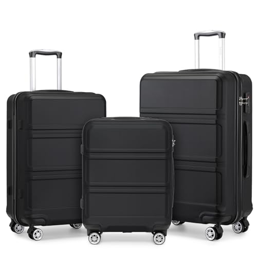 KONO Set di 3 valigie rigide in ABS, trolley a mano, set di bagagli M-L-XL, valigetta da viaggio con ruote e lucchetto TSA, Nero , Koffer-Set 3tlg, Set di valigie