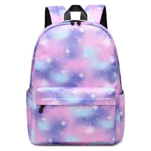 PAUANI Zaino Scolastico Leggero for Ragazze, Zaino Scolastico for Bambini con Stampa Galassia, Zaino for Studenti della Scuola Elementare, Zaino for Studenti Casual di Grande capacità(Rosa+Lila)