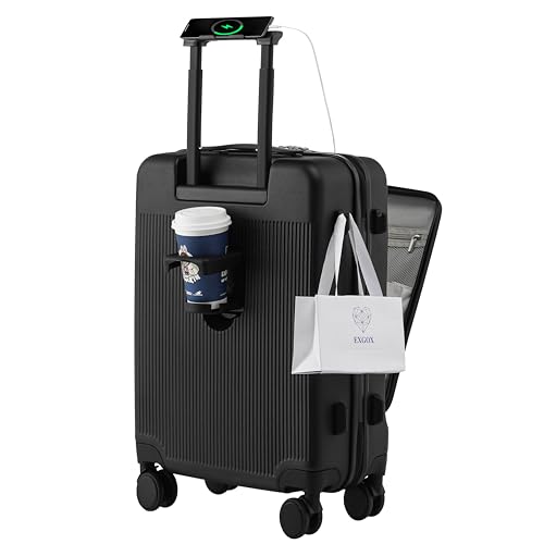 HUIDA TECH Valigia da 20 pollici con Tasca Frontale per laptop, Trolley Leggera con serratura TSA, valigia bagaglio a mano con Ruote girevoli a 360°, Ricarica USB,Porta bicchieri, Nero