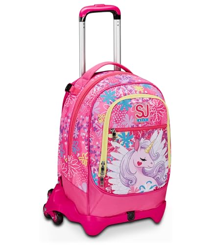 SJ Gang Trolley Scuola Jack 3 Ruote, Rosa, Unicorn Led, 3 in 1, Triplo Uso, Zaino Con Carrello Sganciabile, Tasca Porta Borraccia e Crossover System, Zaino Scuola Elementare, Zaino Bambina