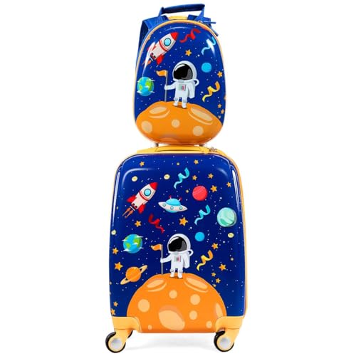 FANTASK Set di 2 valigie per bambini + zaino, trolley in plastica, bagaglio per bambini, bagaglio a mano, bagaglio da viaggio, custodia rigida per ragazzi e ragazze, Astronauti, moderno