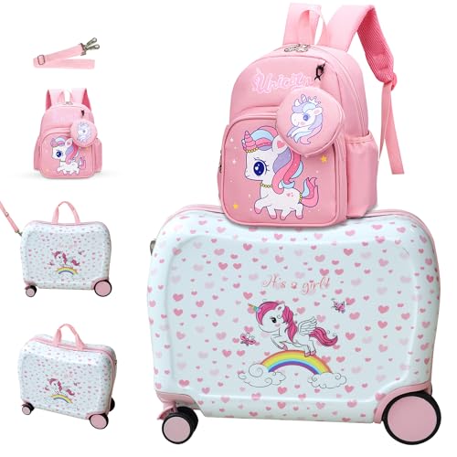 R.Leone Valigia Cavalcabile per Bambina Ryanair 45x36x20 cm + 30x23x14 cm Set 2 Pezzi Trolley Bagaglio a mano 4 Ruote e Zaino 325 (Unicorno, Valigia 45x36x20cm+Zaino)