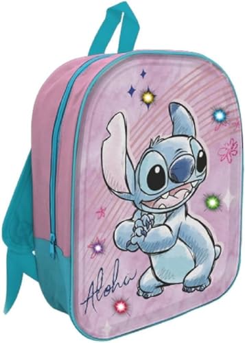 bgn Zaino Asilo STITCH 3D con Luci Led, Zainetto Scuola Materna Bambina Bimba Lilo e Stitch, Rosa