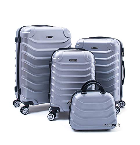 R.Leone Valigia Fino a Set 4 Trolley Rigido grande, medio, bagaglio a mano e beauty case 4 ruote in ABS 2026 (Argento, Set 4 XS S M L)