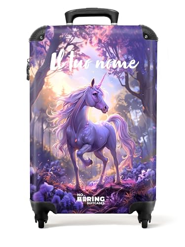 NoBoringSuitcases.com Valigia Bambini, Trolley Bambina, Valigia Per Bambini, Bagaglio a Mano, Valigia Bambina Trolley, Trolley Ragazza, Valigia Personalizzabile, 55x40x20 cm (Unicorno, Fiori - Viola)