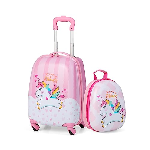 COSTWAY 2 Pezzi Valigia per Bambini con Maniglia Retrattile + Zaino Bagaglio a Mano, con ruote girevoli a 360 ° (unicorno(5))