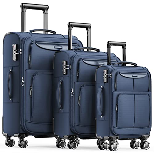 SHOWKOO Set Valige Morbide 3 Pezzi Espandibile Cabina Valigia da Viaggio Trolley di Stoffa Leggero Ultra Durevole con Lucchetto TSA e 4 Ruote Doppie (M-L-XL, Blu)