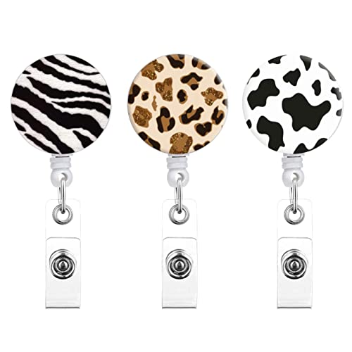 LinaLife Confezione da 3 badge retrattile (mucca, zebra, leopardo), con clip per badge di sicurezza, con clip a coccodrillo, nome infermiera, decorazione per badge