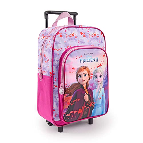 Trolley Bambina Disney Frozen 2 Rosa e Lilla - Zaino Trolley Bimba Scuola Materna e Asilo con Principesse Elsa Anna - Zainetto con Rotelle per Bambine con Tasca Frontale - 36x25x12 cm - Perletti