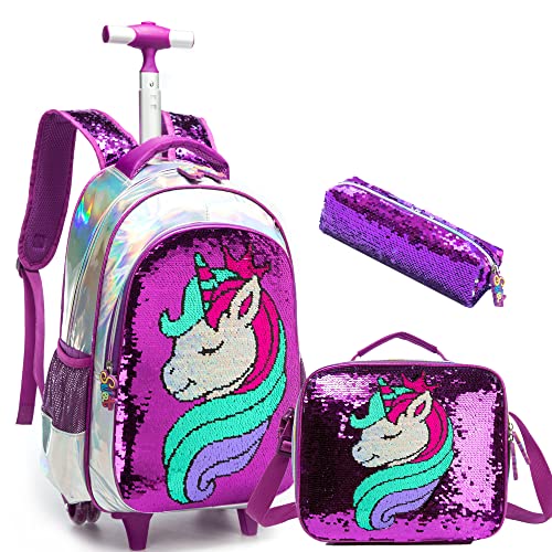 Unicorno Viola Zaini a Rotolamento per Ragazze Trolley Studente Primario Bagaglio da Viaggio，Zaino da Scuola con Paillettes Magiche con Lunch Box 42X30X19cm Rosa Rossa