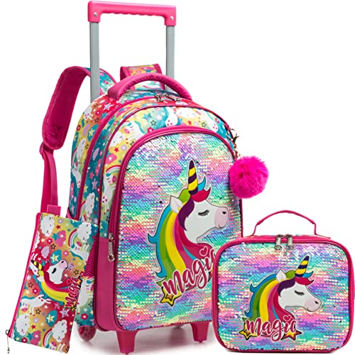 Meetbelify Zaino con rotelle Unicorno per ragazze Zaini con ruote Trolley Viaggi Bagagli