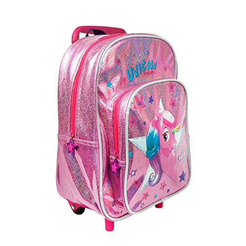 PERLETTI Mini Trolley Bambino Bambina con Tascone - Zainetto Scuola Asilo Bimbo Bimba con Ruote e Spallacci - Borsa Bagaglio da Viaggio Olografica Catarifrangente - 36x26x15 cm (Unicorno)