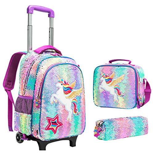 Zaino Unicorno per Ragazze Zaino Trolley, Set di 4 pezzi Zaino Paillettes Zaino con Carrello Borsa a Tracolla e Astuccio Zaino Scuola Elementare Media per Bambini Adolescenti