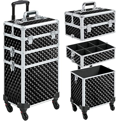 Yaheetech 3 in 1 Valigia Valigetta Trucchi Trolley Make Up Professionale Cosmetici Portatile in MDF e Lega di Alluminio per Parrucchieri Nero 35 x 23,5 x 67,5 cm