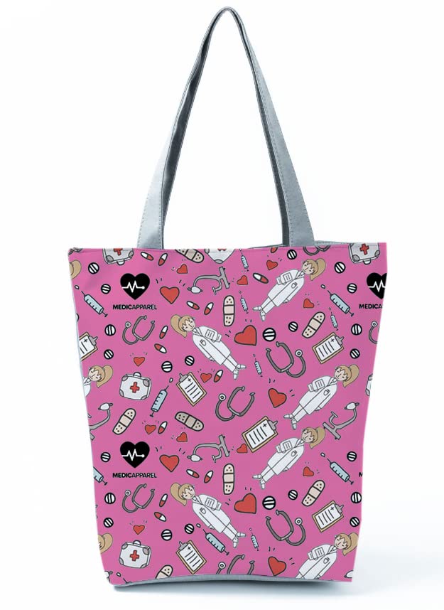 INN Borsa da infermiera in tela di cotone, borsa della spesa, borsa in tessuto, borsa infermieristica con motivi motivi di salute, Pinknurse, 42x34cm