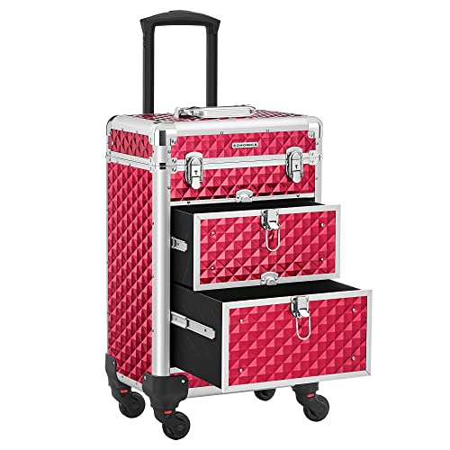 SONGMICS Valigetta Trucchi, Valigia Porta Trucchi, Trolley Make Up, 2 Cassetti, Grande, 34 x 24 x 56 cm, Ruote Girevoli a 360°, Beauty Case da Viaggio, per Truccatori, Idea Regalo, Rosso JHZ08RD