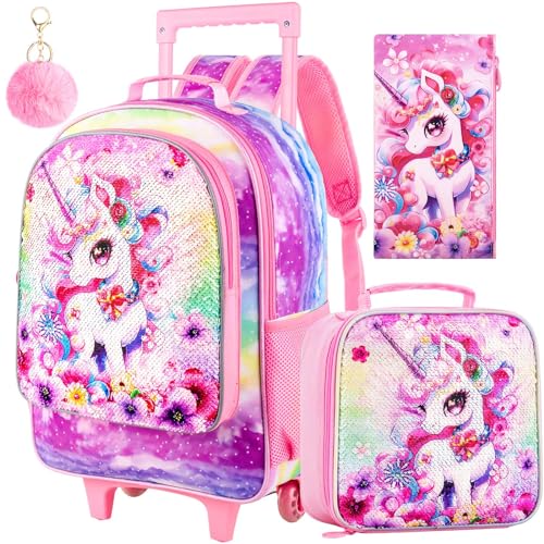 TXHVO Set di 3 zaini con rotelle per ragazze, per bambini, con unicorno, con ruote, set di zaini con ruote con paillettes per bambini elementari (rosa), Unicorno Rosa, 18 Inches, Zaini Daypack