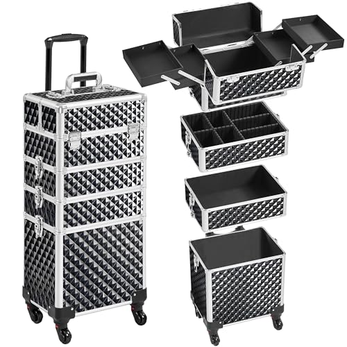 Yaheetech Valigia Porta Trucchi Trolley Estetista 4 in 1 Valigetta Make Up Beauty Case da Viaggio Grande con Ruote Girevoli Serrature Professionale 34 x 25,5 x 80 cm Nero Scintillante