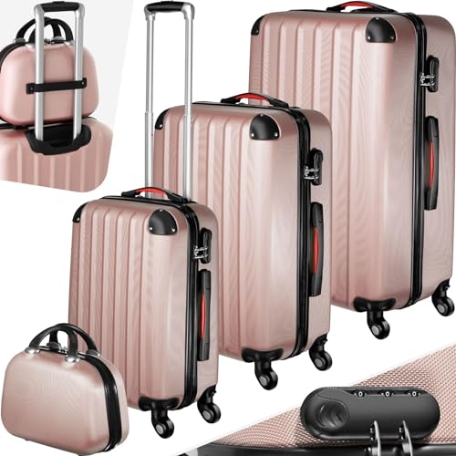 TecTake® Set Valigie Pucci, Set di Valigie con Rotelle Girevoli a 360°, Beauty Case Incluso, Trolley da Viaggio, Serratura di Sicurezza, Adatto per Tutti i Tipi di Viaggi - Rosa Dorato