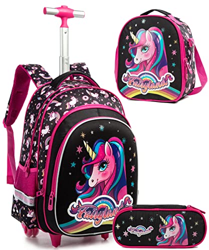 HTgroce Zaino da scuola materna con unicorno borsa trolley per ragazze zaino per la scuola per bambini carino zaino con ruote zaino per la scuola con scatola per il pranzo, Nero - Unicorno, Zaini da