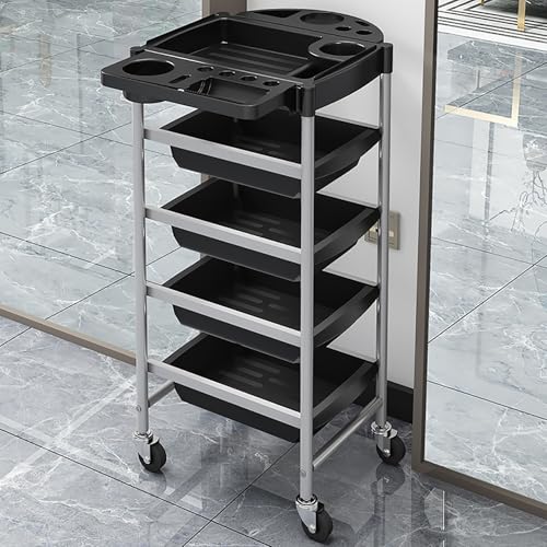 Carrello Parrucchiere Professionale 5 Livelli Carrello Estetista con Ruote Carrello Portaoggetti con Vassoio Superiore Pieghevole(Silver)