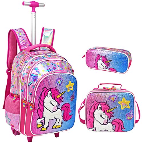 Zaino Carrello Zaini Scuola Ragazze, Paillettes Zaino Trolley Scuola Elementare con Borsa Pranzo Astuccio Personalizzati Multifunzione PU Cartella Zaino con Ruote Zainetti per Bambina(Unicorno)