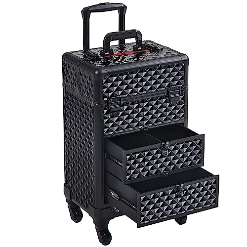 Yaheetech Valigetta Trucchi Trolley Make Up Valigia con 2 Cassetti Ruote Girevoli 360° Beauty Case da Viaggio Rigido Per Estetista Professionale 34,5×24,5×58 cmNero