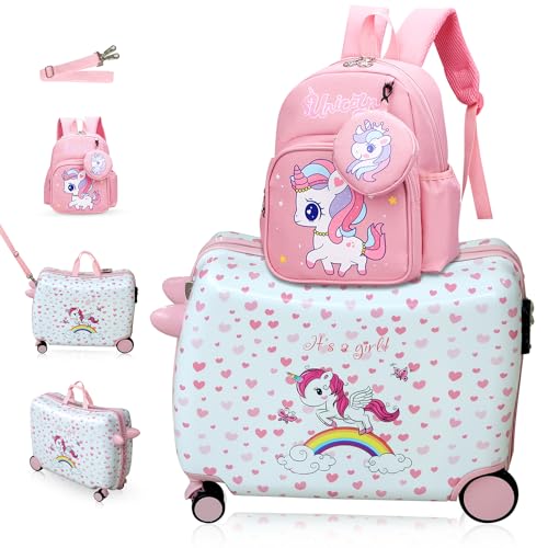 R.Leone Valigia Cavalcabile per Bambina Ryanair 55x40x20 cm + 30x23x14cm Set 2 Pezzi Trolley Bagaglio a mano 4 Ruote e Zaino 311 (Unicorno, Valigia 55x40x20cm+Zaino)