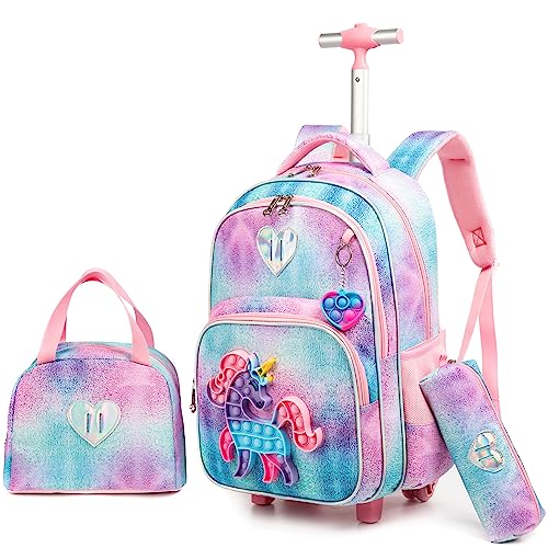 HTgroce Pop it Unicorno Zaino Scuola Trolley da Viaggio Elementare Relief Pressure Toy Borsa Strumento Scuola Bambina con Ruote.