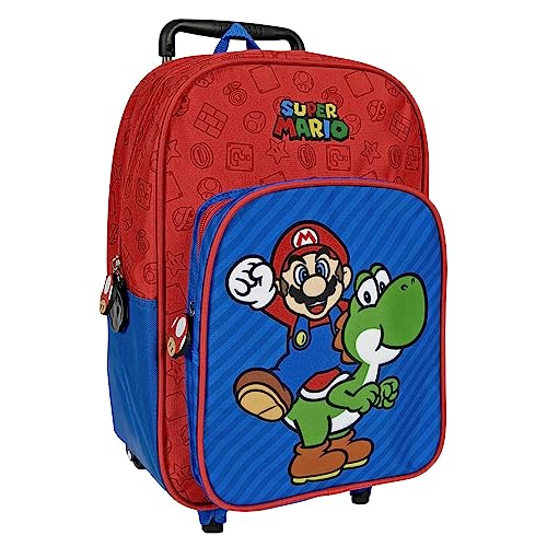 PERLETTI Zaino Trolley Super Mario Bambino Rosso Blu - Zainetto Bimbo con Carrello Staccabile e Tasca Frontale - Trolley Bambini Scuola Materna Viaggio con Mario Yoshi Regolabile Leggero - 36x25x15cm