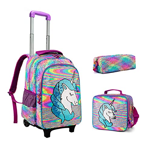 2022 Zaino Trolley Scuola Elementare Bambina,32 Litri Leggero Impermeabile Zaini Trolley Asilo per Bambina, 3 Pezzi Zaino con Ruote con Borsa Termica Astucci,Scuola Viaggiare,Viola Unicorno