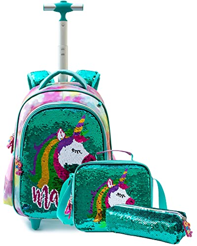 Dokin Zaino Trolley Scuola Cartelle per la Scuola Zaino per Bambina Paillettes Borsa Trolley Zaino Con Ruote con Pranzo Scatola & Astuccio verde, Scuola & Viaggio