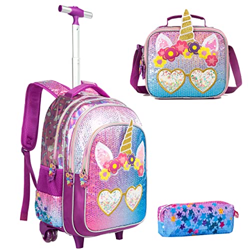 HTgroce Trolley Scuola Bambina Unicorno Zaino Bambina Trolley Elementare Zaino Scuola Trolley Ragazzi Bambina,3 in 1 Borse e Sacchetto Portapenne Zaino con Ruote.