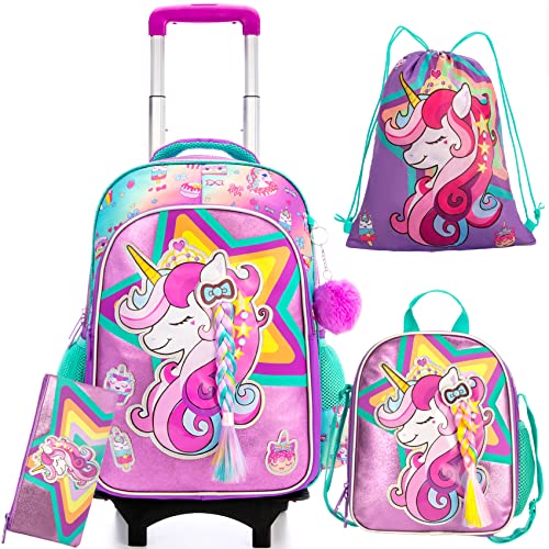 HTgroce Zaino con Ruote Scuola Elementare, Trolley Unicorno, Bambini, Regalo Scolastico