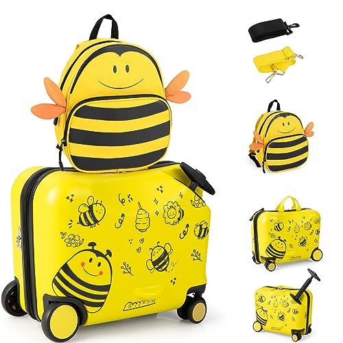 RELAX4LIFE Set Valigia Cavalcabile/Trolley per Bambini 18‘’ con Zaino 12‘’, 4 Ruote Girevoli, Maniglia Retrattile 56cm, 2 Cingie Multiuso, Zaino: 26x30cm/Trolley:47x26,5x36,5cm (Giallo)