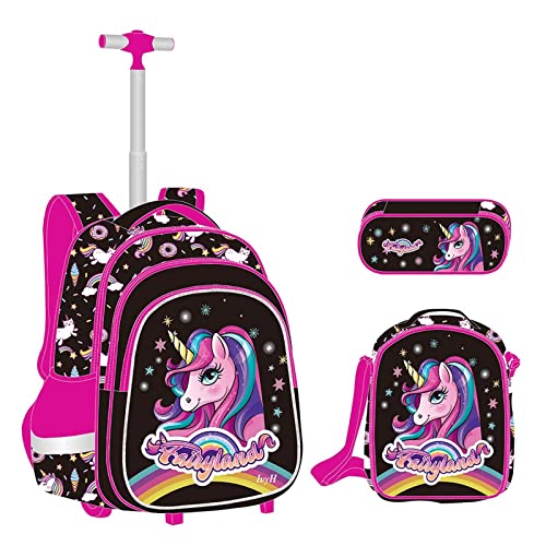 Unicorno Zaino Trolley Ragazze Set da 3 pezzi, Zaino Ruote Scuola Elementare Borsa Trolley con Borsa Pranzo Borsa per Penna Ideale per Bambini Studenti della Classe 1-6