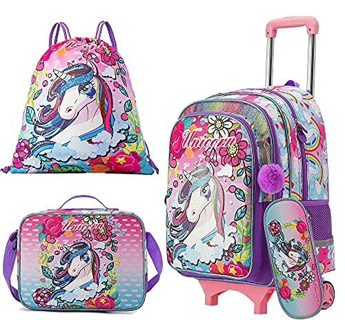 HTgroce Zaino Trolley Scuola Zaino Scuola Elementare Unicorno Trolley Scuola Media Per Ragazze Con sacca Sportiva,Astuccio,Borsa Pranzo,Ciondolo Palla 5 in 1